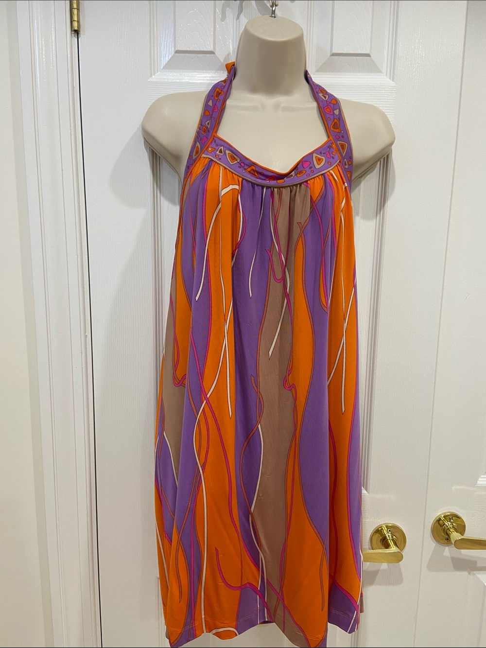 Halter-Neck Abstract Print Dress in Orange & Purple